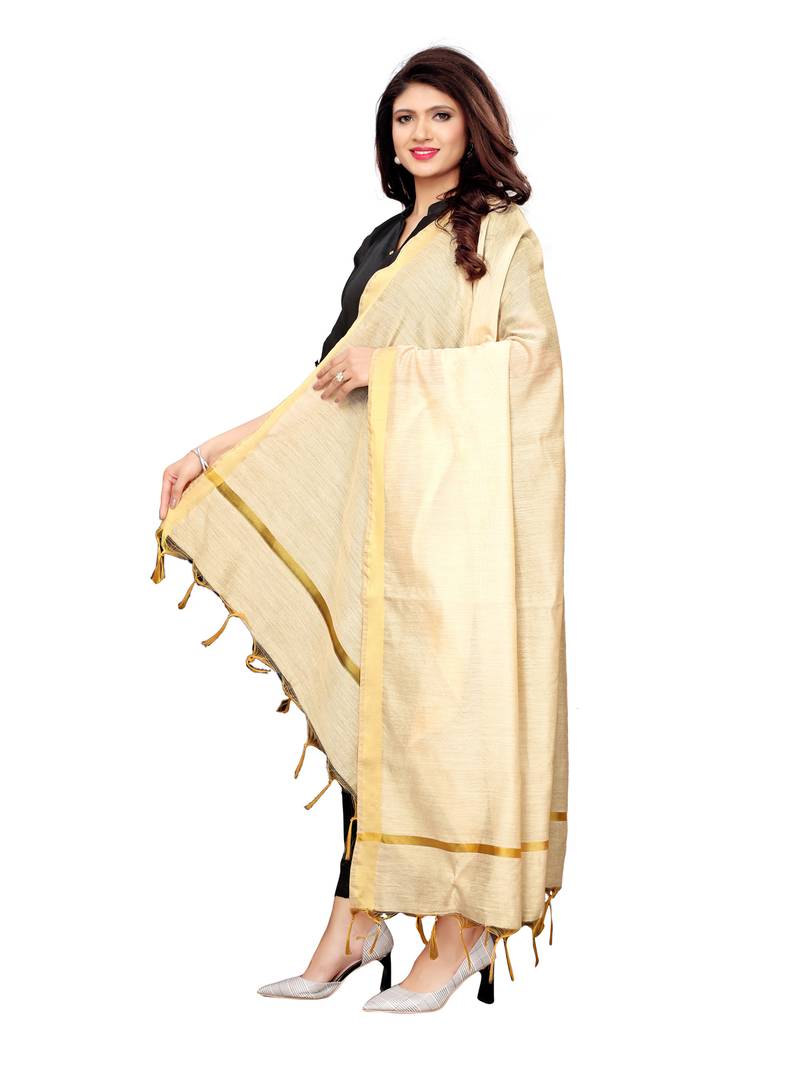 Beige Cotton Silk Zari Patta Womens Dupatta