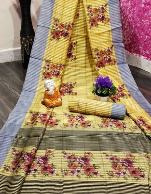 Yellow printed cotton saree with blouse 1