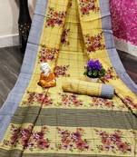 Yellow printed cotton saree with blouse