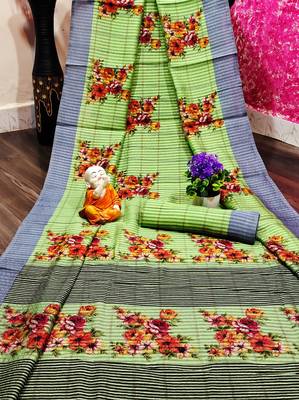 Green printed cotton saree with blouse 1