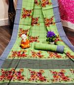 Green printed cotton saree with blouse