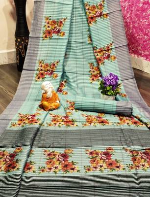 Turquoise printed cotton saree with blouse 1
