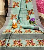 Turquoise printed cotton saree with blouse