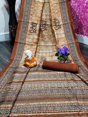 Brown printed cotton saree with blouse 1