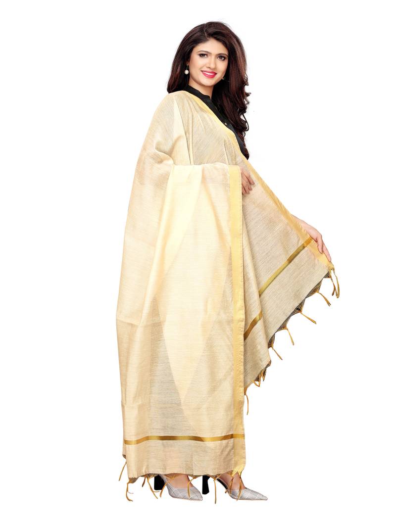Beige Cotton Silk Zari Patta Womens Dupatta