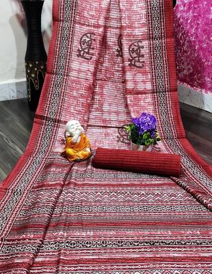 Maroon printed cotton saree with blouse 1