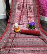 Maroon printed cotton saree with blouse