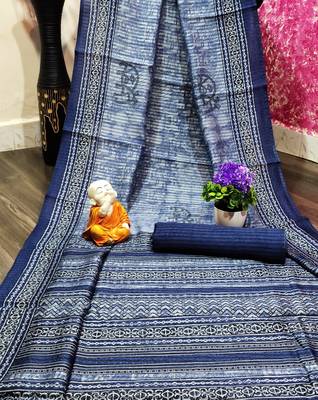 Navy blue printed cotton saree with blouse 1
