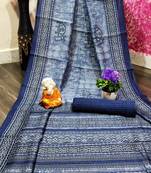 Navy blue printed cotton saree with blouse