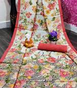 Red printed cotton saree with blouse