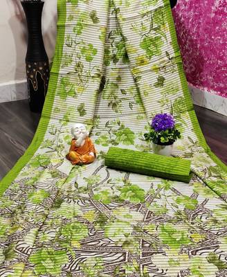 Green printed cotton saree with blouse 1