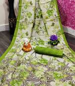 Green printed cotton saree with blouse