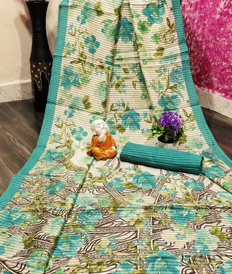 Turquoise printed cotton saree with blouse 1
