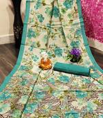 Turquoise printed cotton saree with blouse