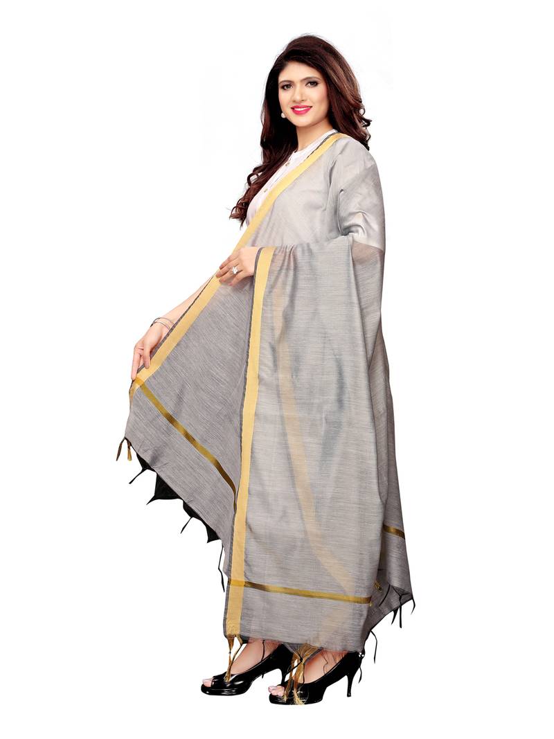 Grey Cotton Silk Zari Patta Womens Dupatta