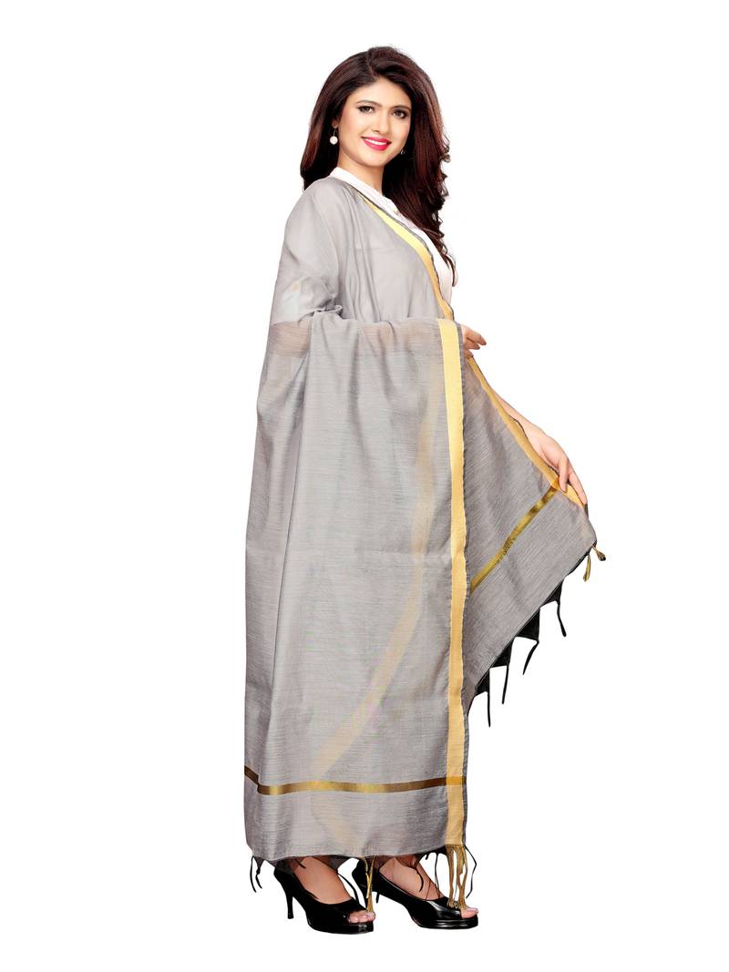 Grey Cotton Silk Zari Patta Womens Dupatta