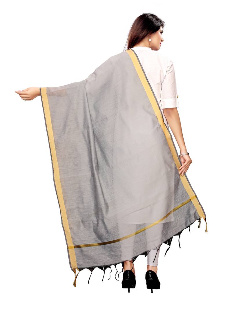 Grey Cotton Silk Zari Patta Womens Dupatta
