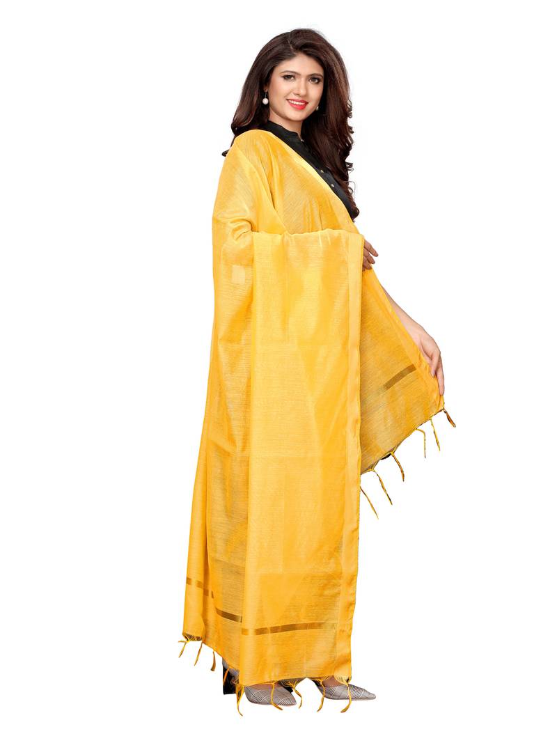Yellow Cotton Silk Zari Patta Womens Dupatta