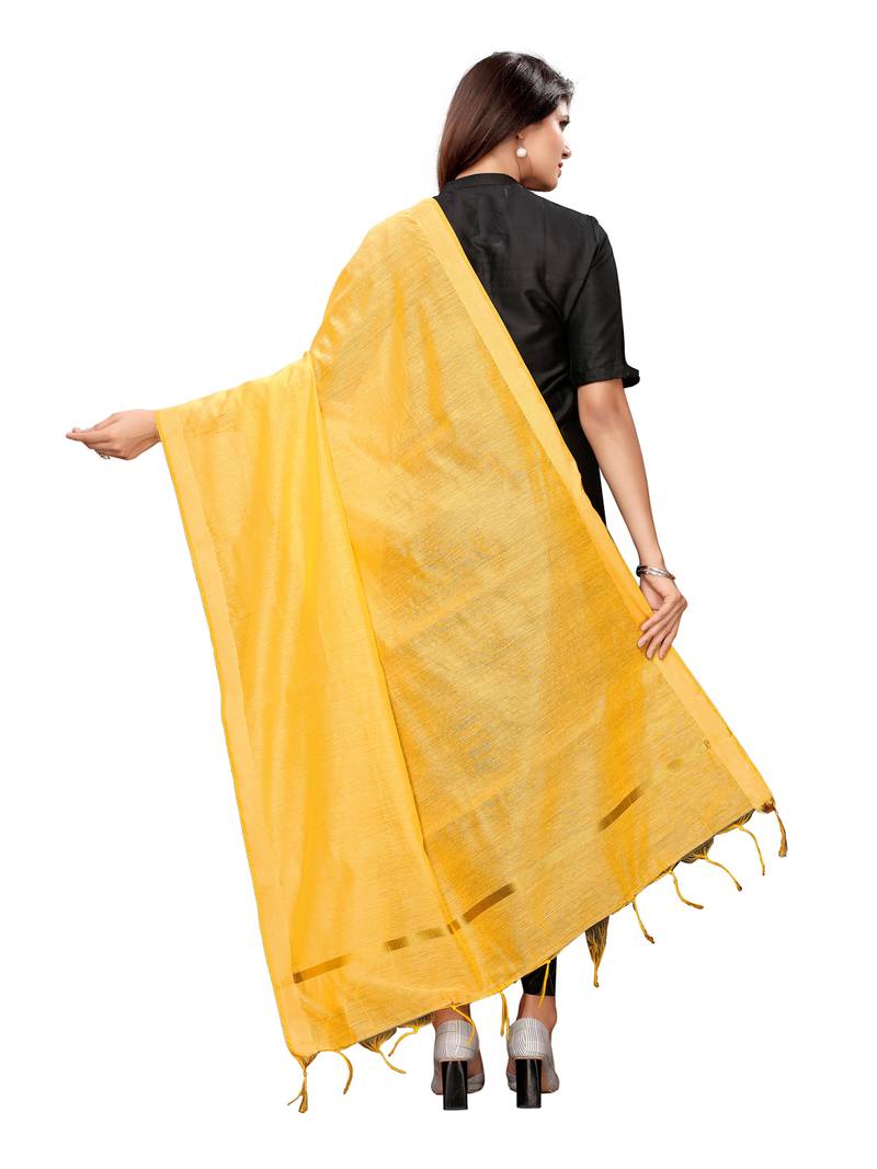 Yellow Cotton Silk Zari Patta Womens Dupatta