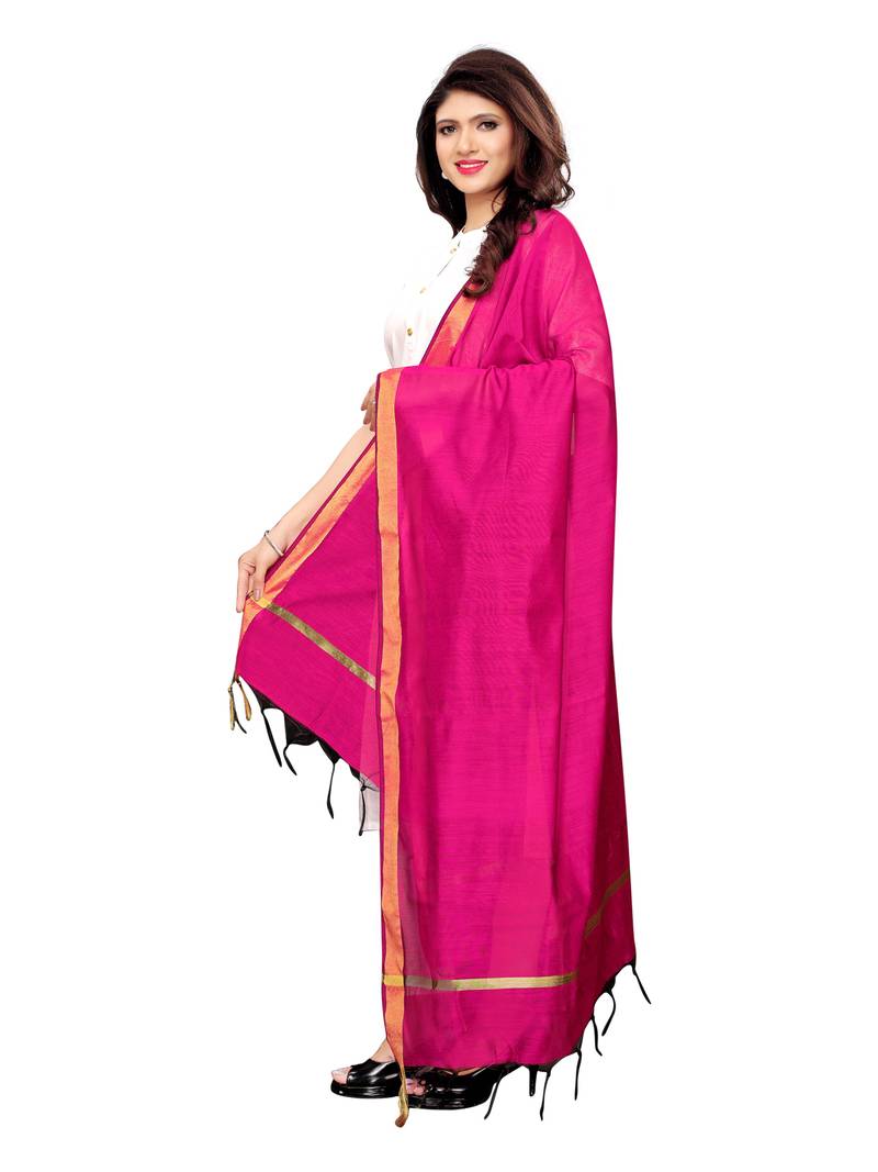 Pink Cotton Silk Zari Patta Womens Dupatta