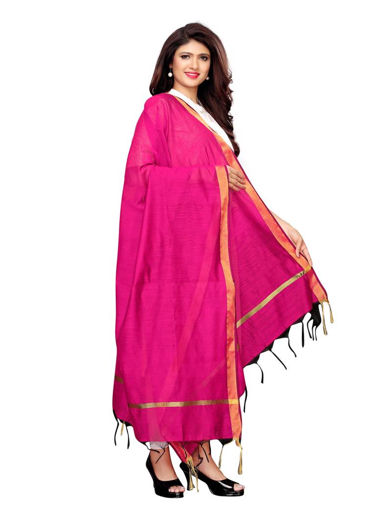 Pink Cotton Silk Zari Patta Womens Dupatta