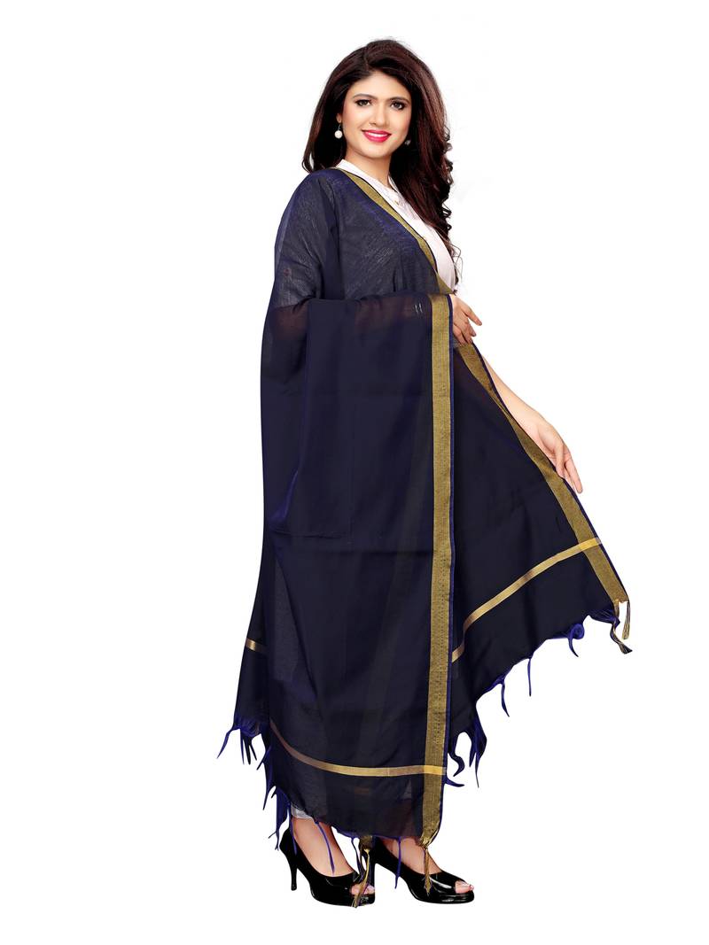 Navy Blue Cotton Silk Zari Patta Womens Dupatta