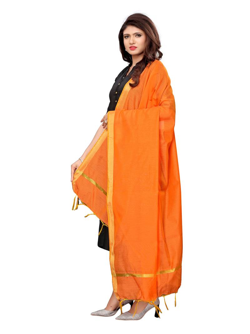 Orange Cotton Silk Zari Patta Womens Dupatta