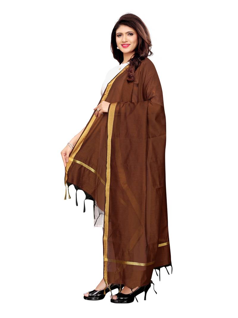 Brown Cotton Silk Zari Patta Womens Dupatta