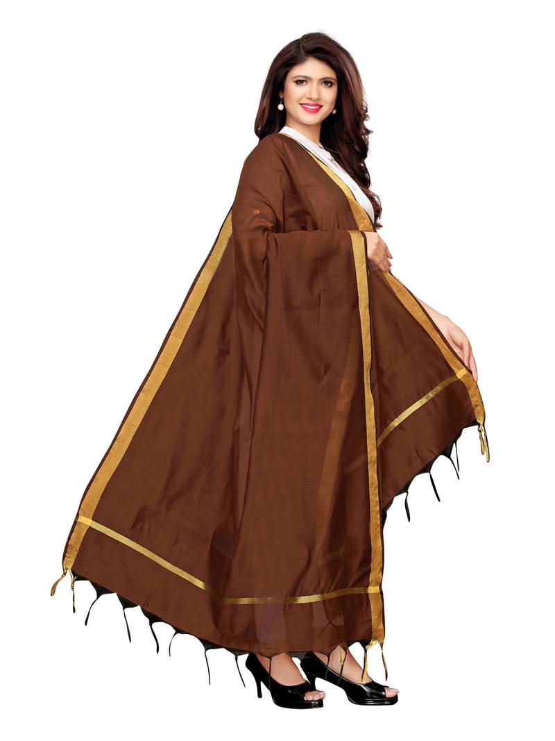 Brown Cotton Silk Zari Patta Womens Dupatta