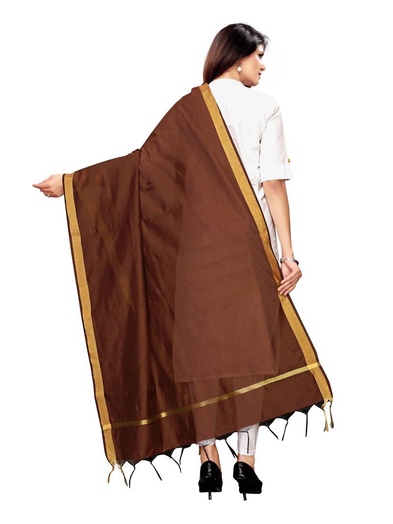 Brown Cotton Silk Zari Patta Womens Dupatta