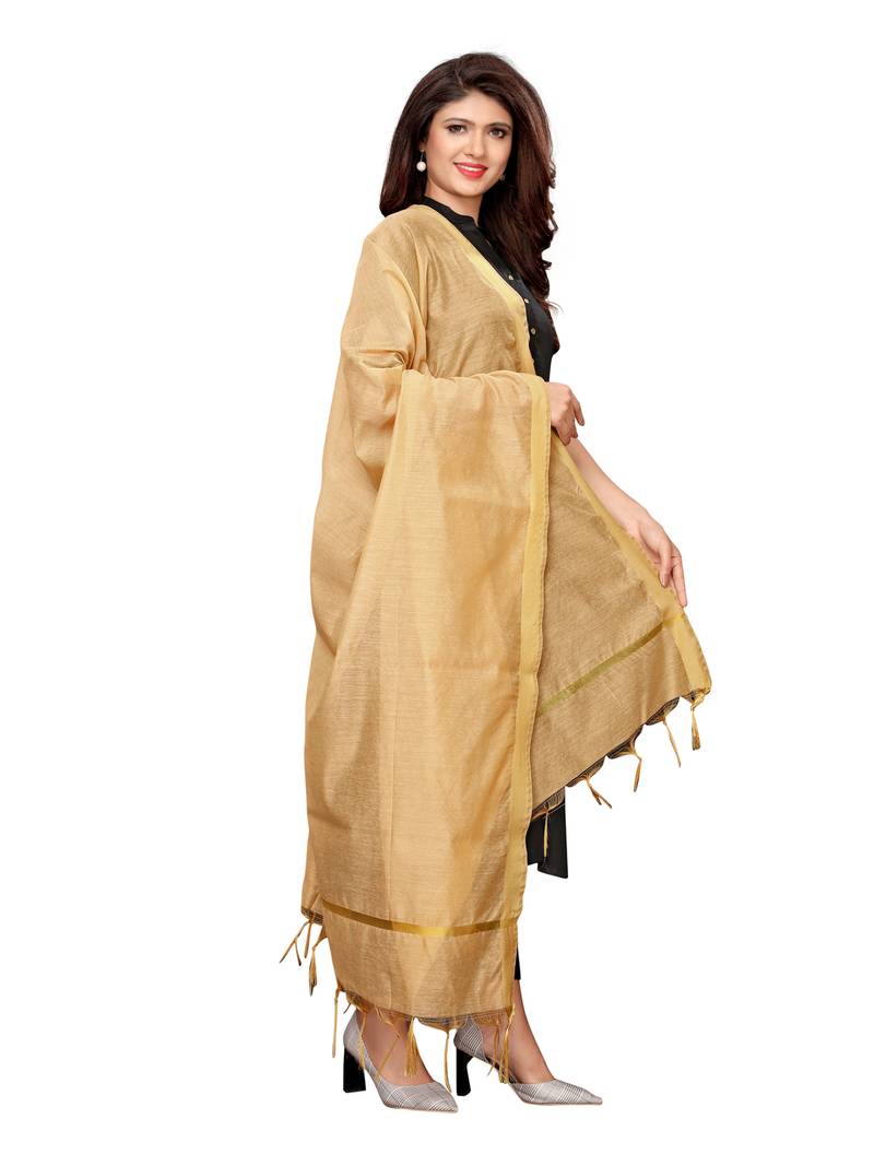 Beige Cotton Silk Zari Patta Womens Dupatta