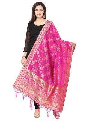 Pink Poly silk Banarasi Womens Dupatta 1
