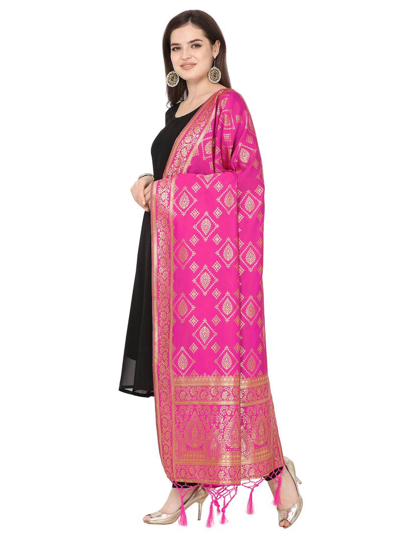 Pink Poly silk Banarasi Womens Dupatta