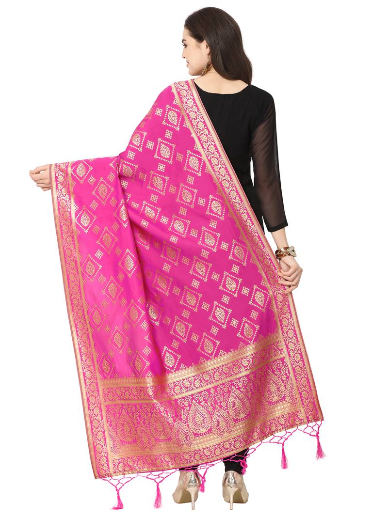 Pink Poly silk Banarasi Womens Dupatta