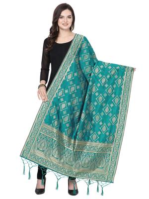 turquoise Poly silk Banarasi Womens Dupatta 1