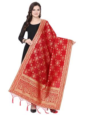 Red Poly Silk Banarasi Womens Dupatta 1