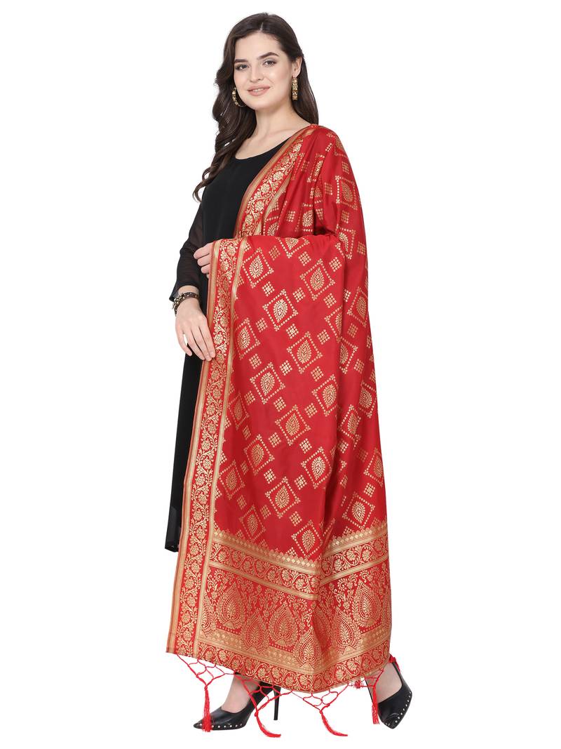 Red Poly Silk Banarasi Womens Dupatta
