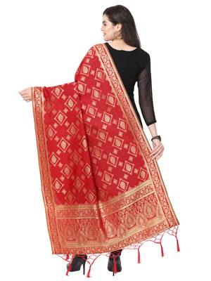 Red Poly Silk Banarasi Womens Dupatta 3