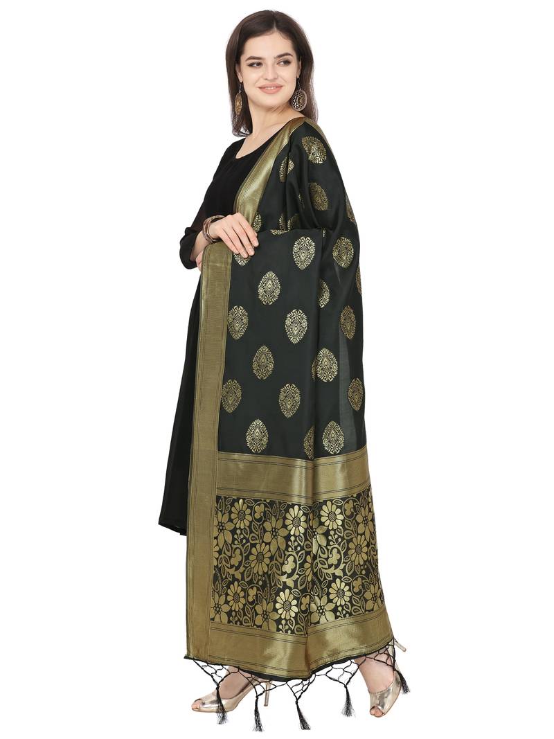 Black Poly silk Banarasi Womens Dupatta