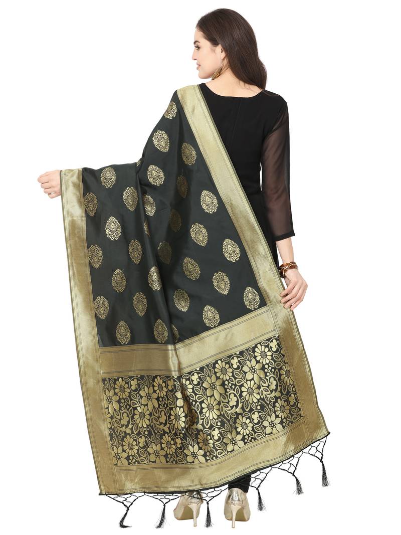 Black Poly silk Banarasi Womens Dupatta