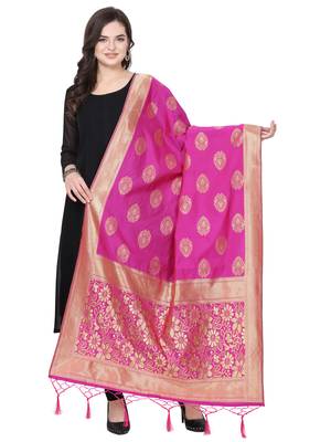 Pink Poly Silk Banarasi Womens Dupatta 1
