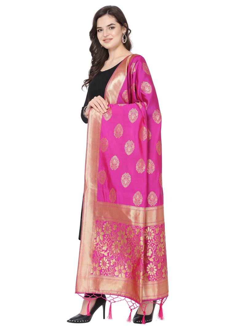 Pink Poly Silk Banarasi Womens Dupatta