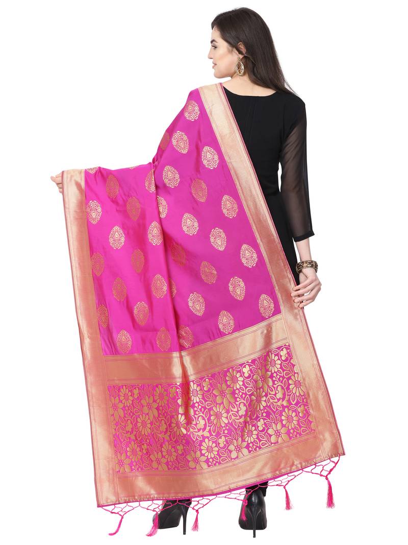 Pink Poly Silk Banarasi Womens Dupatta