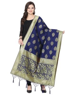 Navy Blue Poly silk Banarasi Womens Dupatta 1