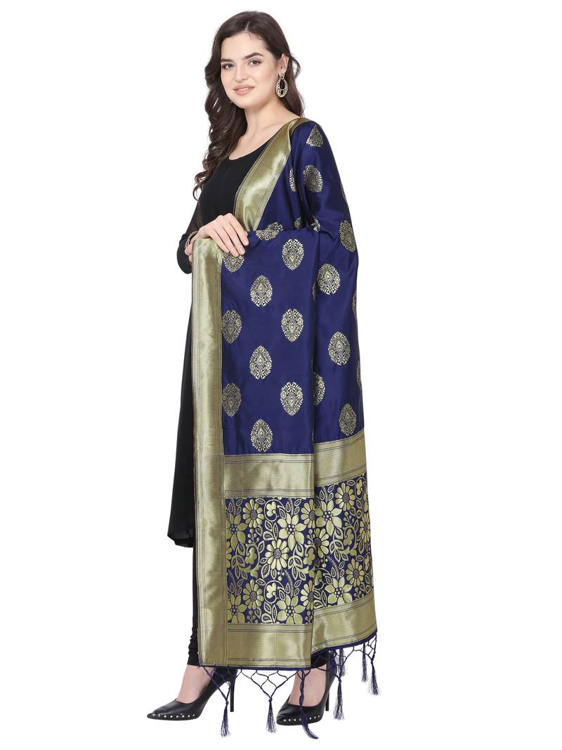 Navy Blue Poly silk Banarasi Womens Dupatta