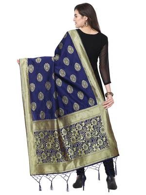 Navy Blue Poly silk Banarasi Womens Dupatta 3