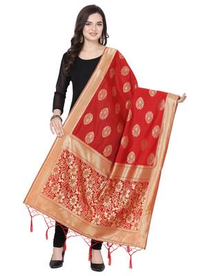 Red Poly Silk Banarasi Womens Dupatta 1