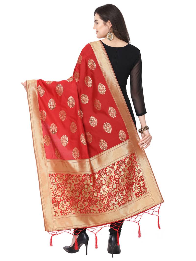 Red Poly Silk Banarasi Womens Dupatta