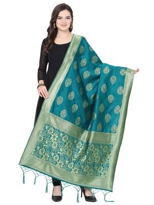 Turquoise Poly Silk Banarasi Womens Dupatta 1