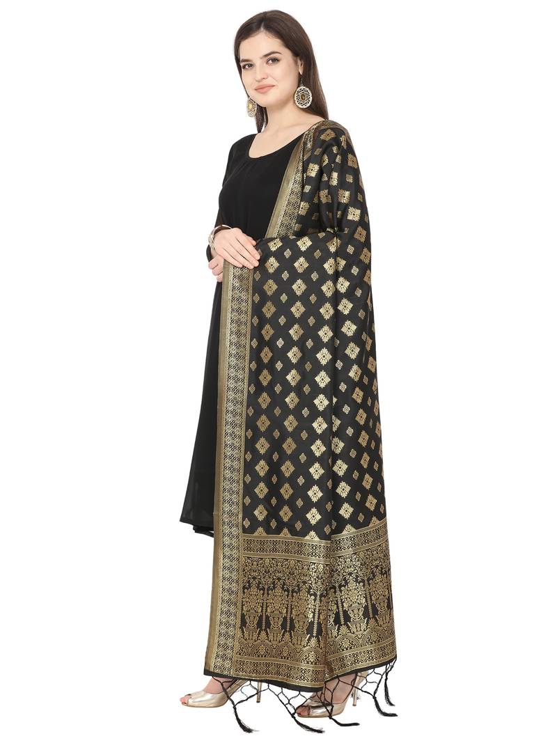 Black Poly Silk Banarasi Womens Dupatta